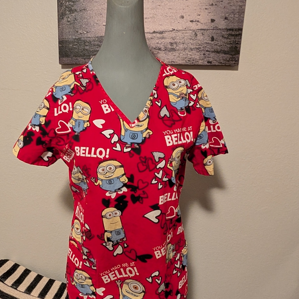 Red Minion Print Scrub Top